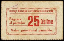 PAPER MONEY OF THE CIVIL WAR: ANDALUCÍA
Andalucia
25 Céntimos. C.M. de VILLANUEVA DE CÓRDOBA (Córdoba). Mont-1613A; RGH-5634. MBC+.