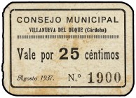 PAPER MONEY OF THE CIVIL WAR: ANDALUCÍA
Andalucia
25 Céntimos. Agosto 1937. C.M. de VILLANUEVA DEL DUQUE ( Córdoba). I Emisión. (Manchitas). RARO. M...