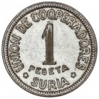 COOPERATIVE AND ADVERTISING TOKENS
1 Peseta. UNIÓN DE COOPERADORES de SURIA. Latón Niquelado. RARA. L-3212. EBC.