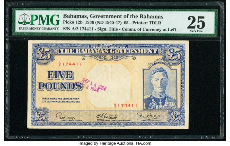 Bahamas Bahamas Government 5 Pounds 1936 (ND 1945-47) Pick 12b PMG Very Fine 25....