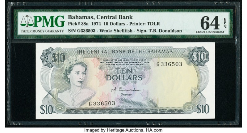 Bahamas Central Bank 10 Dollars 1974 Pick 38a PMG Choice Uncirculated 64 EPQ. 

...