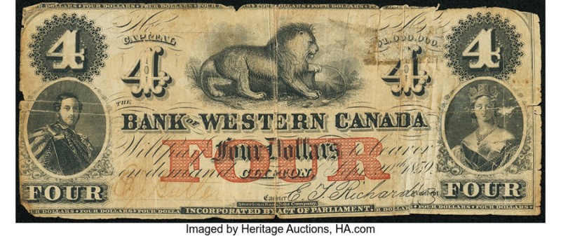 Canada Clifton, CW- Bank of Western Canada 4 Dollars 20.9.1859 Ch. # 795-10-12 F...