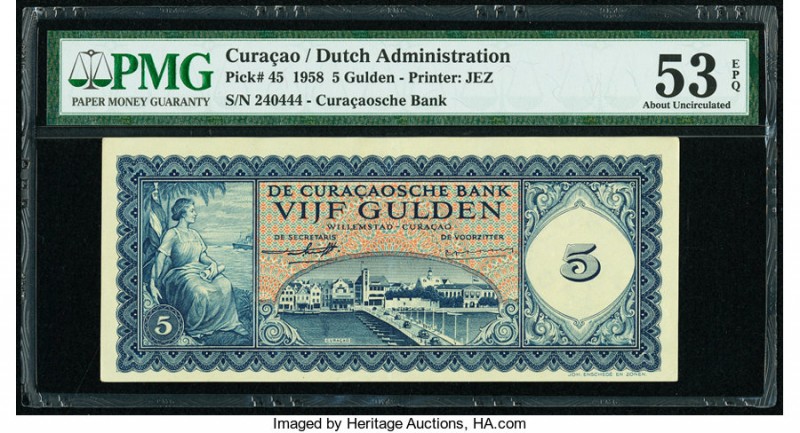 Curacao De Curacaosche Bank 5 Gulden 1958 Pick 45 PMG About Uncirculated 53 EPQ....