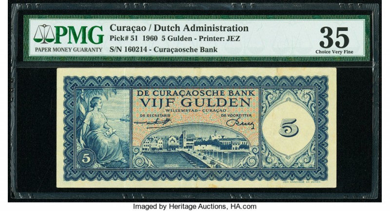 Curacao De Curacaosche Bank 5 Gulden 1960 Pick 51 PMG Choice Very Fine 35. Tear....