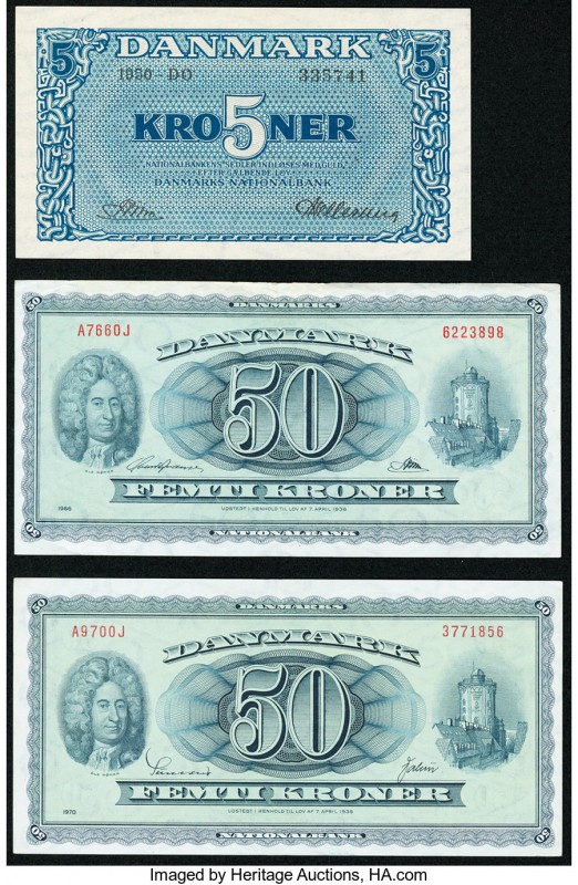 Denmark National Bank 5; 50 (2) Kroner 1950; 1966; 1970 Pick 35g; 45f; 45r9 Thre...