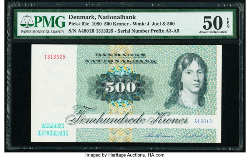 Denmark National Bank 500 Kroner 1980 Pick 52c PMG About Uncirculated 50 EPQ. 

...