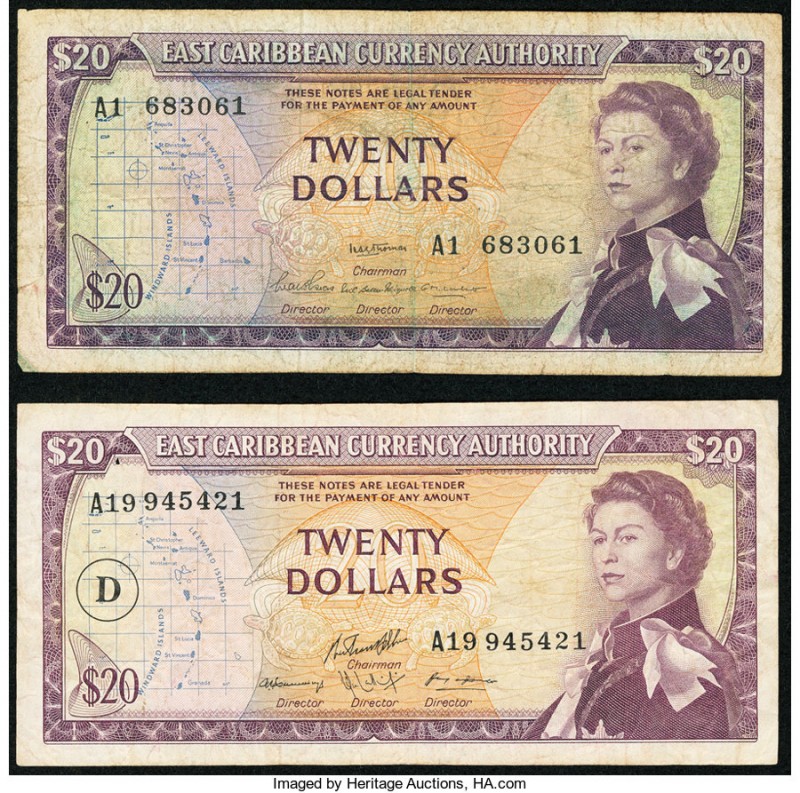 East Caribbean States Currency Authority 20 Dollars ND (1965) Pick 15a Two Examp...