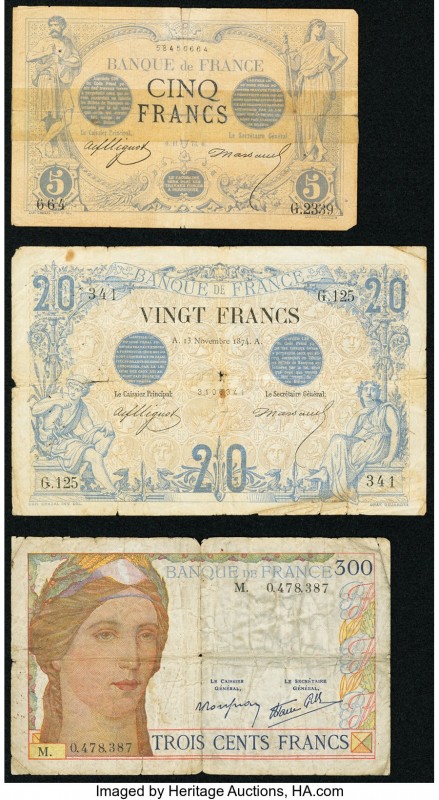 France Banque de France 5; 20; 300 Francs 11.1873; 13.11.1874; ND (1938) Pick 60...