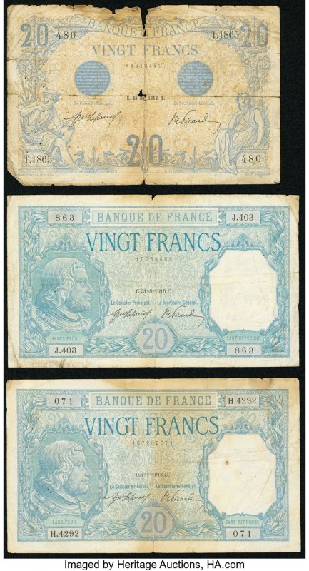 France Banque de France 20 Francs 23.5.1912; 31.8.1916; 4.4.1918 Pick 68; 74 (2)...