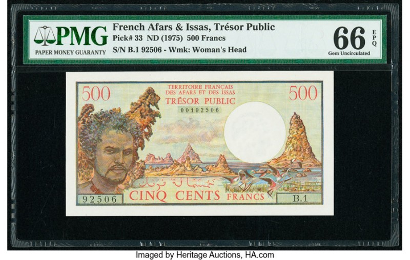 French Afars & Issas Tresor Public 500 Francs ND (1975) Pick 33 PMG Gem Uncircul...