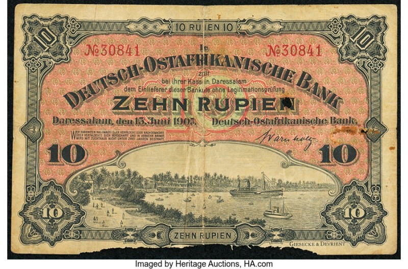 German East Africa Deutsch-Ostafrikanische Bank 10 Rupien 15.6.1905 Pick 2 Fine-...