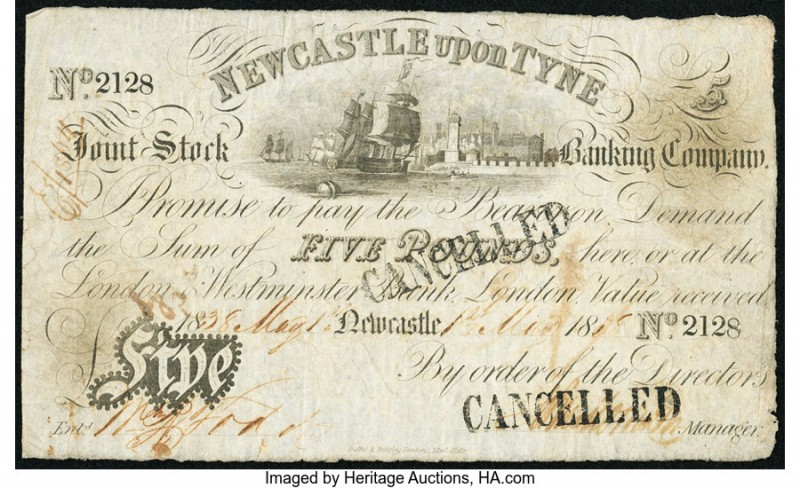 Great Britain Newcastle upon Tyne Joint Stock Banking Company 5 Pounds 1838 Pick...