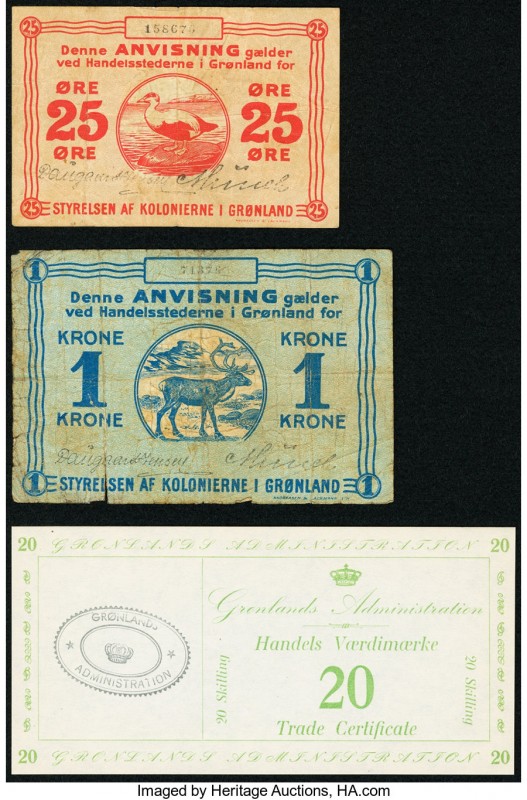 Greenland State Note 25 Ore; 1 Krone ND (1913) Pick 11b; 13b Very Good; Trade Ce...