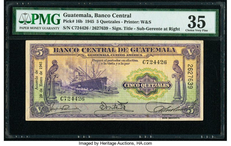 Guatemala Banco Central de Guatemala 5 Quetzales 29.1.1945 Pick 16b PMG Choice V...