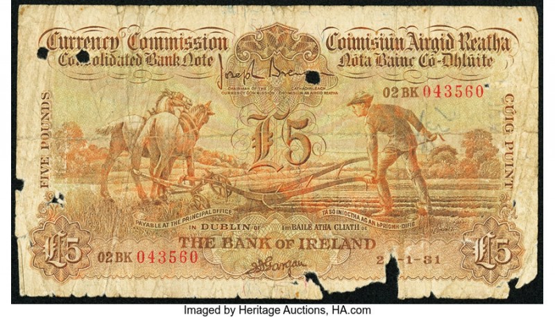Ireland Bank of Ireland 5 Pounds 1931 Pick 9a Very Good. Margin damage. No retur...