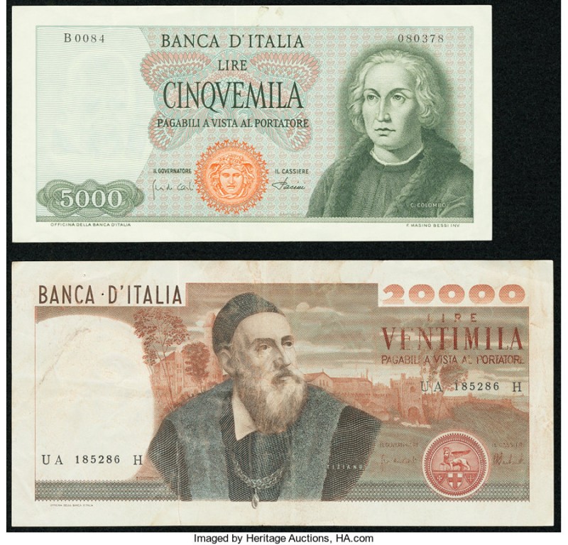 Italy Banca d'Italia 5,000; 20,000 Lira 20.8.1964; 20.12.1974 Pick 98a; 104 Two ...