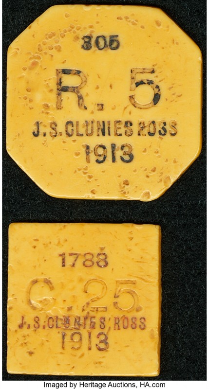 Keeling Cocos J. Clunies Ross 25 Cents; 5 Rupees 1913 Tokens Very Fine or Better...