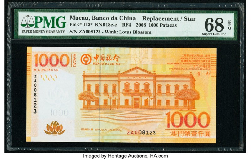 Macau Banco Da China 1000 Patacas 8.8.2008 Pick 113* KNB18 Replacement PMG Super...