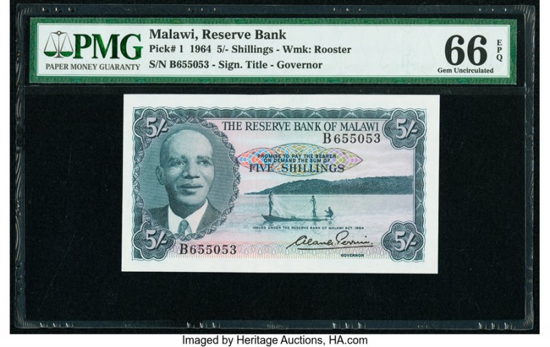 Malawi Reserve Bank of Malawi 5 Shillings 1964 Pick 1 PMG Gem Uncirculated 66 EP...