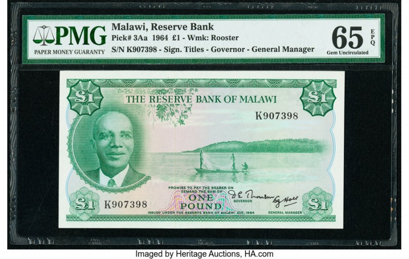 Malawi Reserve Bank of Malawi 1 Pound 1964 Pick 3Aa PMG Gem Uncirculated 65 EPQ....