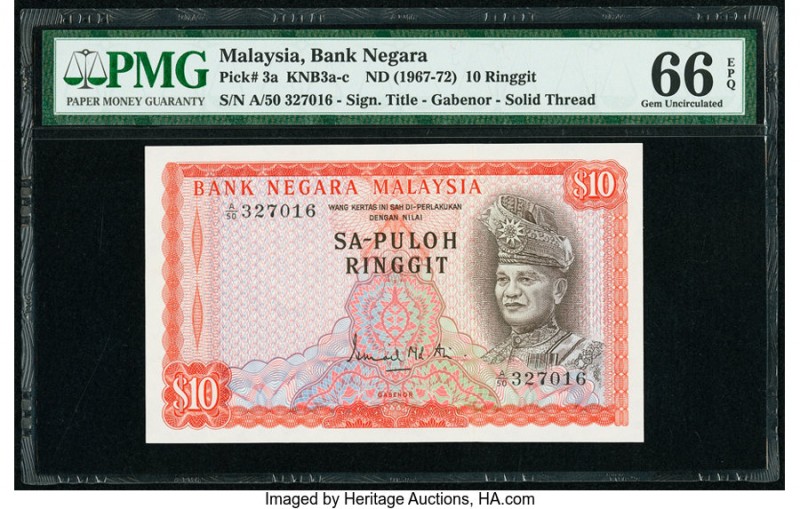 Malaysia Bank Negara 10 Ringgit ND (1967-72) Pick 3a KNB3a-c PMG Gem Uncirculate...