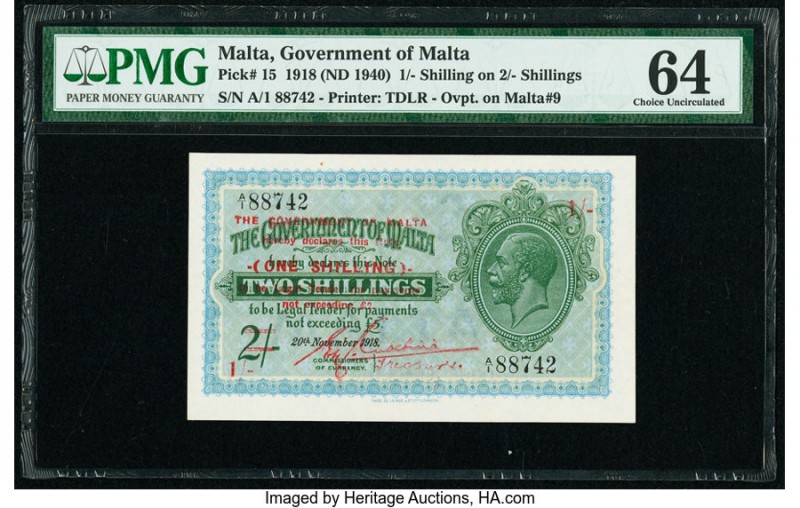 Malta Government of Malta 1 Shilling on 2 Shilling 20.11.1918 (ND 1940) Pick 15 ...