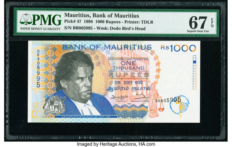 Mauritius Bank of Mauritius 1000 Rupees 1998 Pick 47 PMG Superb Gem Unc 67 EPQ. ...