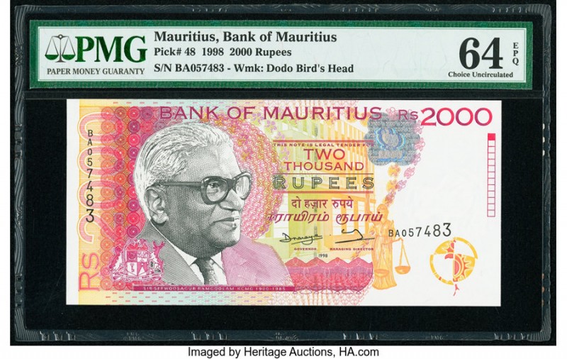 Mauritius Bank of Mauritius 2000 Rupees 1998 Pick 48 PMG Choice Uncirculated 64 ...