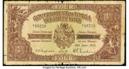 Tonga Government of Tonga 4 Shillings 16.6.1938 Pick 5b Very Good. Edge and internal tears; margin roughness; paper clip rust stains.

HID09801242017