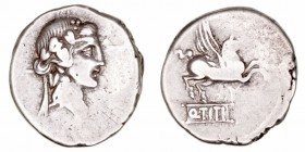 Titia
Denario. AR. (90 a.C.). A/Cabeza de Baco a der. R/Pegaso a der., debajo Q·TITI. 3.56g. FFC.1143. BC.