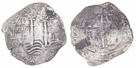 Felipe IV
8 Reales. AR. Potosí E. (1664). Aunque algo difusas o parciales tres fechas visibles. 24.67g. Cal.453. Oxidaciones fuertes limpiadas. (BC-)...