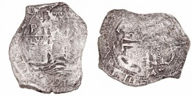 Felipe IV
8 Reales. AR. Potosí E. (1664). 16.60g. Cal.453. Fuertes concreciones limpiadas de ahí su falta de peso. (BC-).