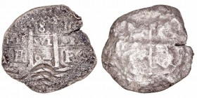 Felipe IV
8 Reales. AR. Potosí E. (1662). 13.26g. (Cal.451). Fuertes concreciones limpiadas de ahí su falta de peso. (BC-/MC).