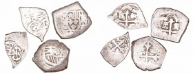 Felipe IV
AR. Lote de 4 monedas. 1/2 Real (2) y Real (2). Todas macuquinas, fechas y cecas no visibles. BC- a RC.
