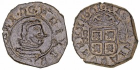 Felipe IV
8 Maravedís. AE. Burgos R. 1661. Acuñada a martillo. 2.03g. Cal.1258. Escasa así. MBC+.