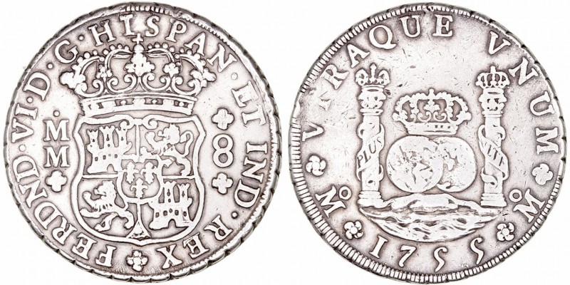 Fernando VI
8 Reales. AR. Méjico MM. 1755. Tipo columnario. 27.04g. Cal.338. MB...