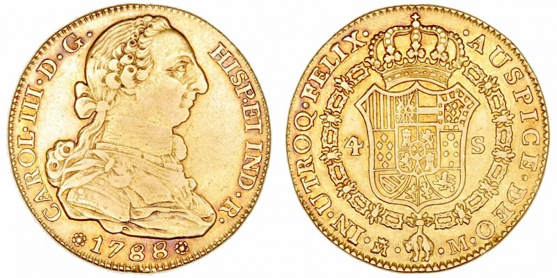 Carlos III
4 Escudos. AV. Madrid M. 1788/7. 13.47g. Cal.315. Bella pieza que ma...