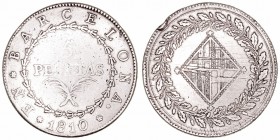 José I
5 Pesetas. AR. Barcelona. 1810. 26.76g. Cal.15. Golpecitos en canto y rayitas. Escasa. (MBC-).