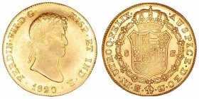 Fernando VII
8 Escudos. AV. Madrid GJ. 1820. 27.04g. Cal.35. Bellísima pieza que mantiene brillo original. Muy escasa así. EBC+.