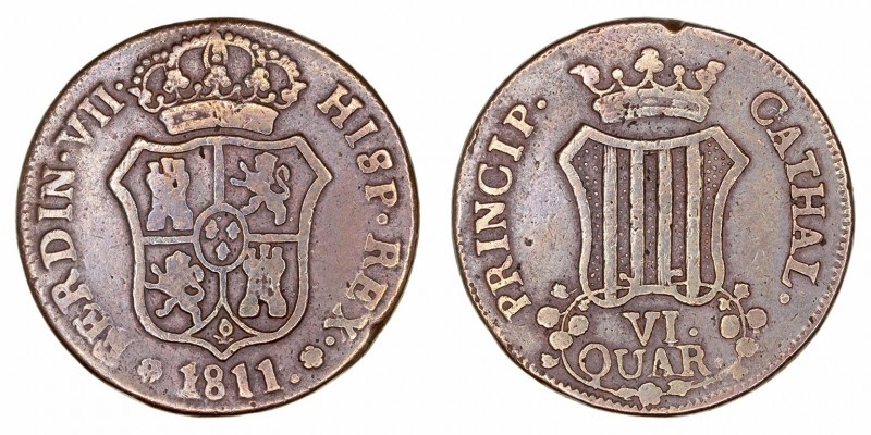 Fernando VII
6 Cuartos. AE. Cataluña. 1811. 13.47g. Cal.1515. Muesca en canto. ...