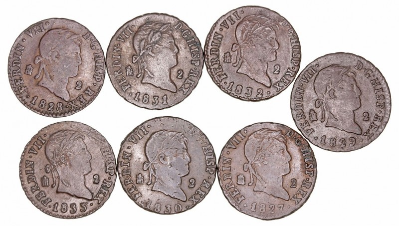 Fernando VII
2 Maravedís. AE. Segovia. Lote de 7 monedas. 1827, 1828, 1829, 183...