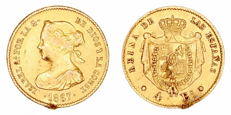 Isabel II
4 Escudos. AV. Madrid. 1867. 3.35g. Cal.111. Rayas y golpes. (BC+).