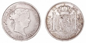 Isabel II
50 Centavos de Peso. AR. Manila. 1868. 12.87g. Cal.455. Rayita en anverso. (MBC-).