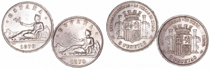 Gobierno Provisional
5 Pesetas. AR. 1870 *18-70 SNM. Lote de 2 monedas. Cal.3. ...