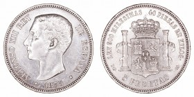 Alfonso XII
5 Pesetas. AR. 1875 *18-75 DEM. 24.95g. Cal.25a. Golpecitos en canto. (MBC+).