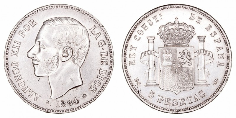 Alfonso XII
5 Pesetas. AR. 1884 *18-84 MSM. 24.88g. Cal.39. Ligeros golpecitos ...