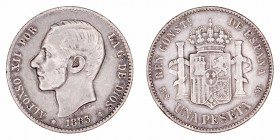 Alfonso XII
Peseta. AR. 1883 *18-83 MSM. 4.90g. Cal.59. Primera estrella no visible. (MBC).