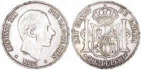 Alfonso XII
50 Centavos de Peso. AR. Manila. 1885. 12.93g. Cal.86. Golpes en canto. (BC+).
