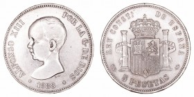Alfonso XIII
5 Pesetas. AR. 1888 *18-88 MPM. 24.87g. Cal.13. Ligeramente limpiada. (MBC+).