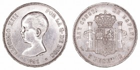 Alfonso XIII
5 Pesetas. AR. 1891 *18-91 PGM. 25.00g. Cal.17. Ligeramente limpiada. (MBC+).